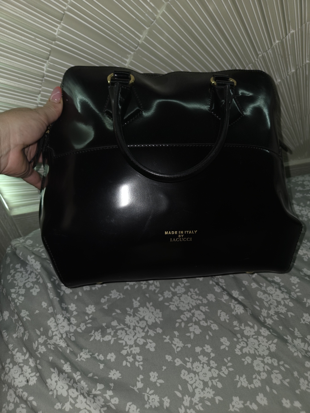 Iacucci Black Patent Leather Tote with Gold Accents